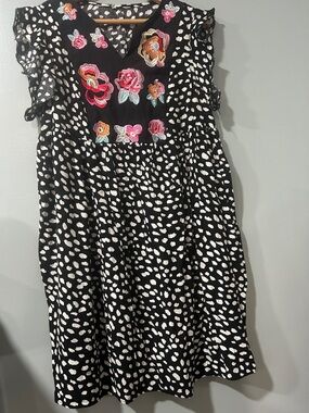 Black Floral-Embroidered Mini Dress with White Spot Print